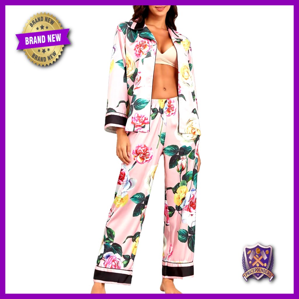 Silky Satin Pajama Set Long Sleeve Button Up Soft Sleepwear Size Small